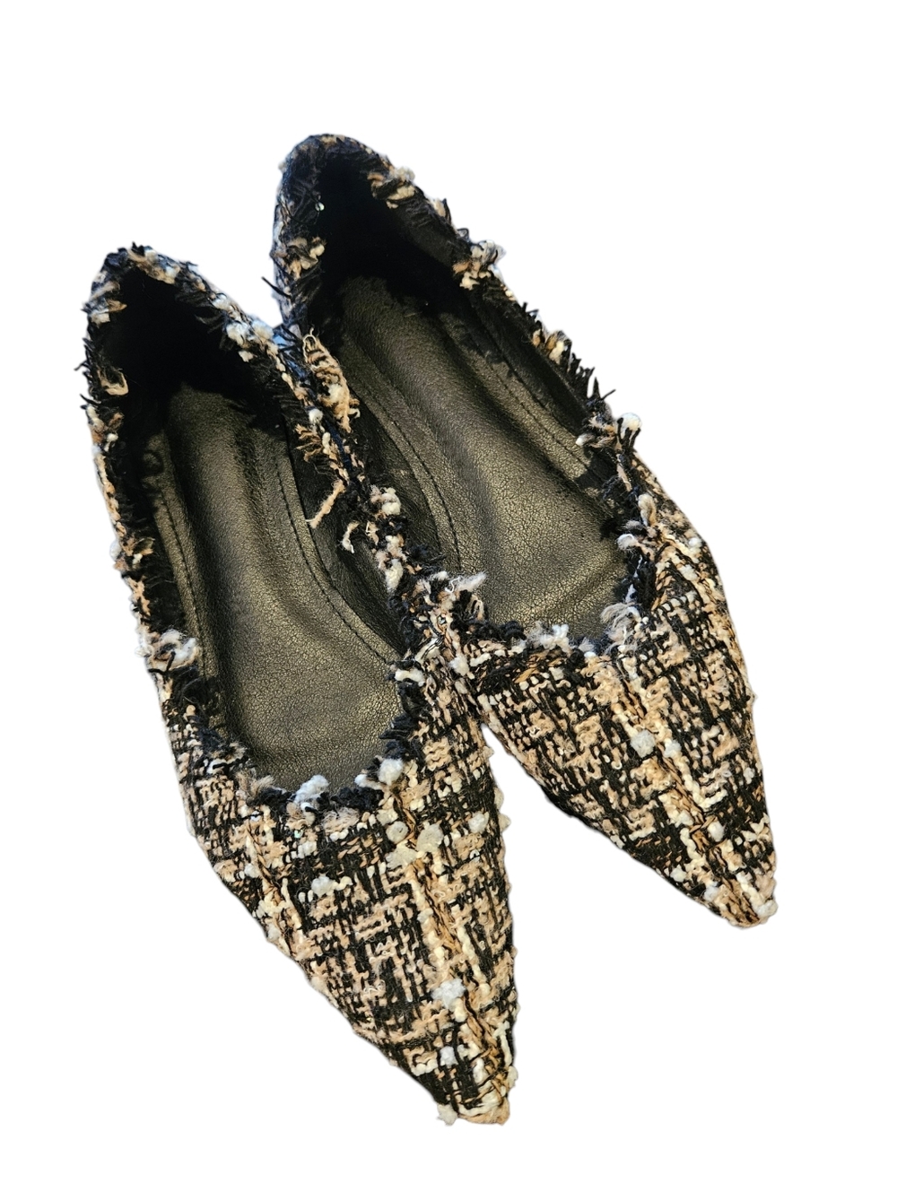 Tweed Pointed Toe Ballet Flats - Black & Cream Sz.41